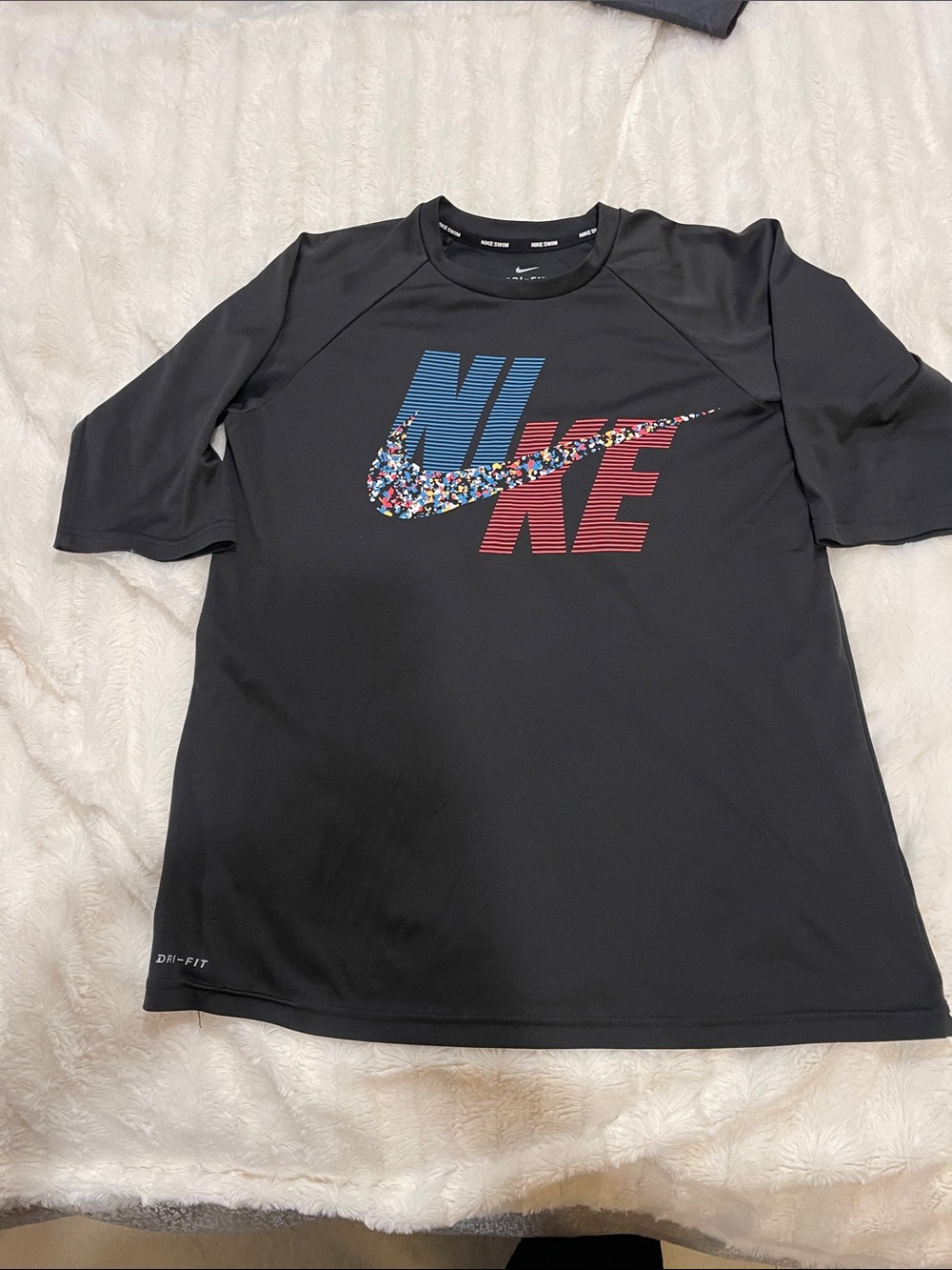 Nike Black Short-Sleeve Swim Rash Guard with Multicolor Logo